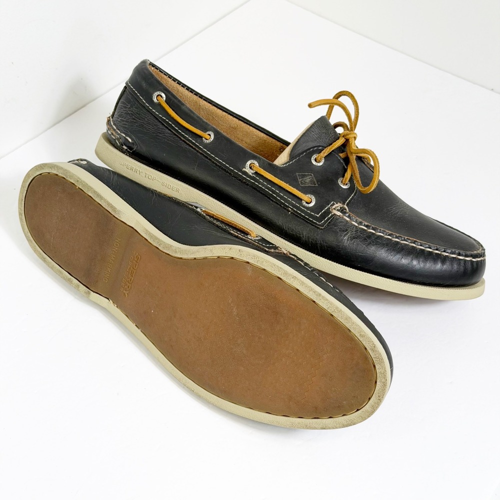Sperry Boat Shoes Mens 15W Black Leather Authentic Original A/O 2-Eye Deck Shoes - Picture 5 of 5